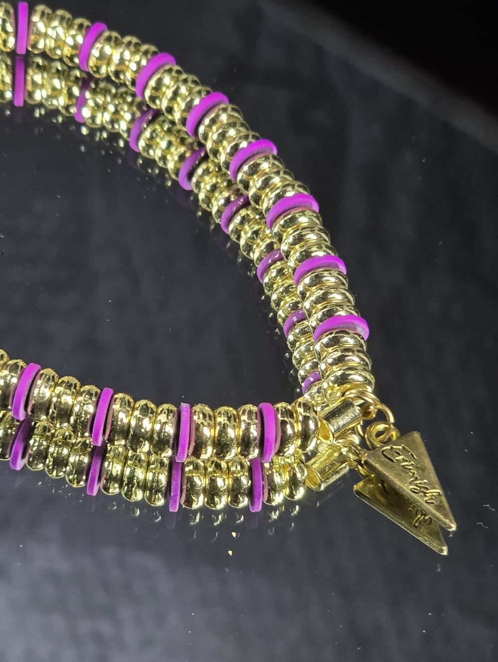 Erimish Gold and Purple Beaded Stretch Bracelet with Signature Charm